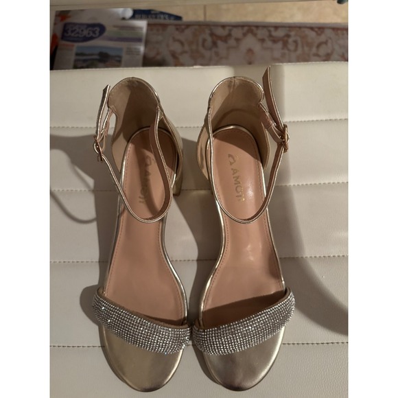 Amoji Womens Gold Rhinestone Block Heel Ankle Strap Sandals Size 37 US 6.5 - Picture 2 of 9